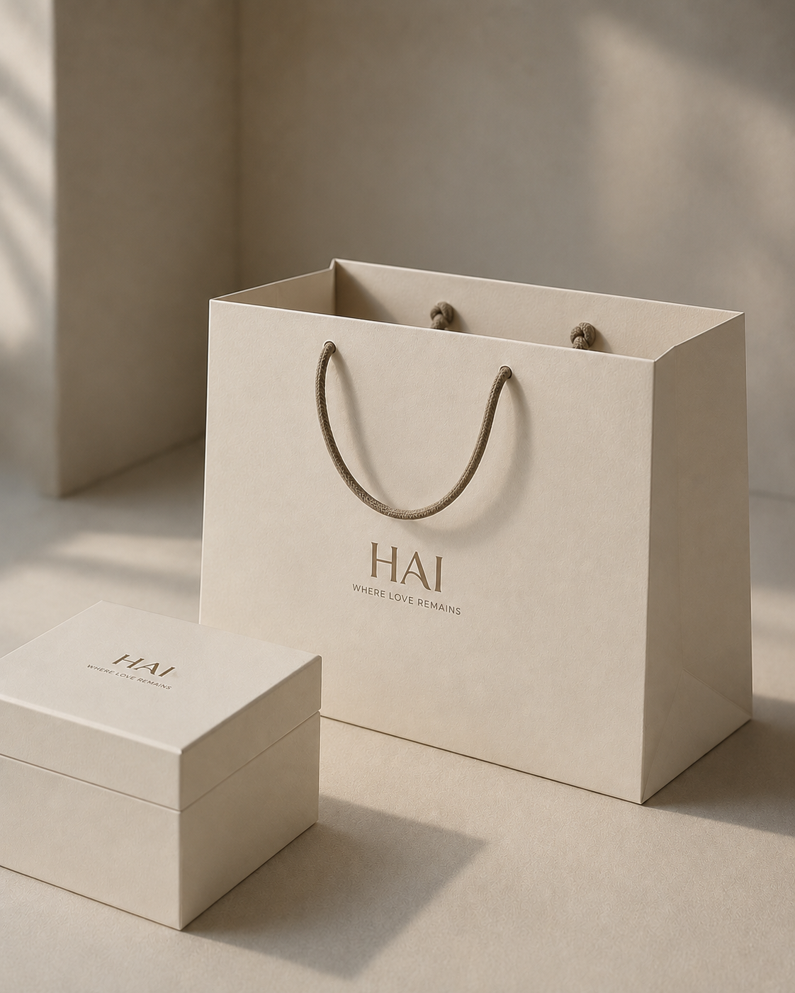 HAI 品牌手提袋与礼盒 — 统一的米色调与烫印标识